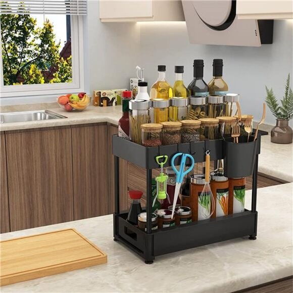 2 Pack, Bathroom Organizer 2-Tier Sliding Kitchen Cabinet Organization with Hook - Picture 3 of 6